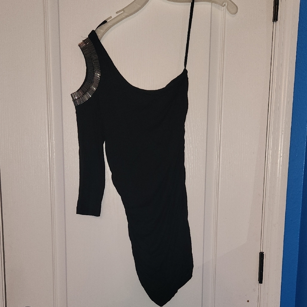 NWT Black One-Shoulder Beaded Embellished Cold Shoulder Dress